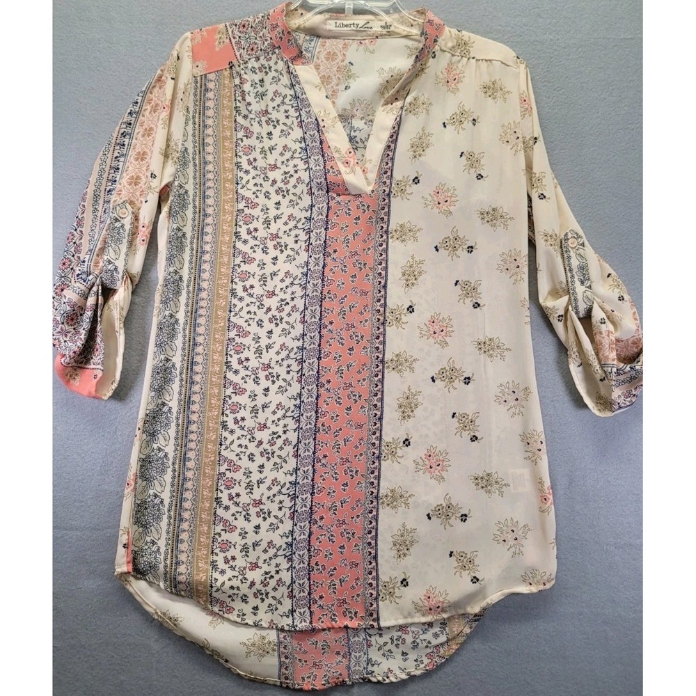 Liberty Love Size S Womens Floral V-Neck Adjustable Sleeve Bohemian Blouse